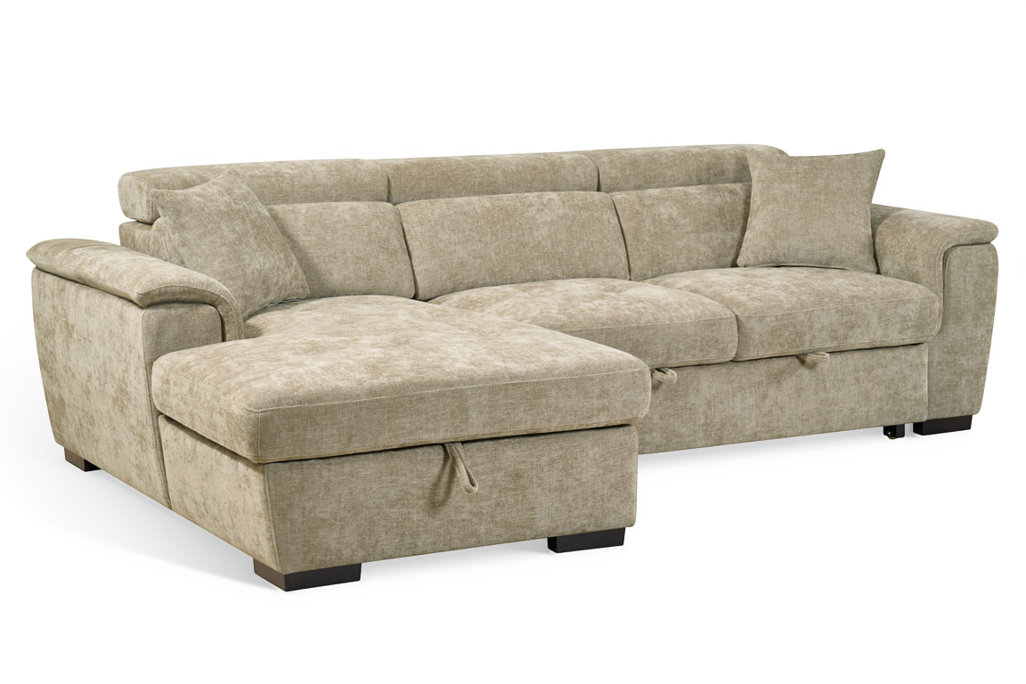 Beige Chenille Fabric 1C2 Corner Sofabed with Storage WILSON