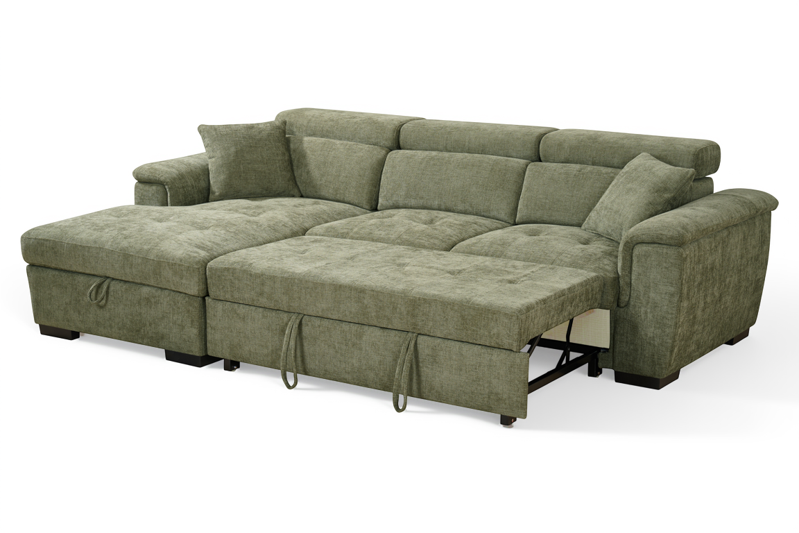 Green Chenille Fabric 1C2 Corner Sofabed with Storage WILSON