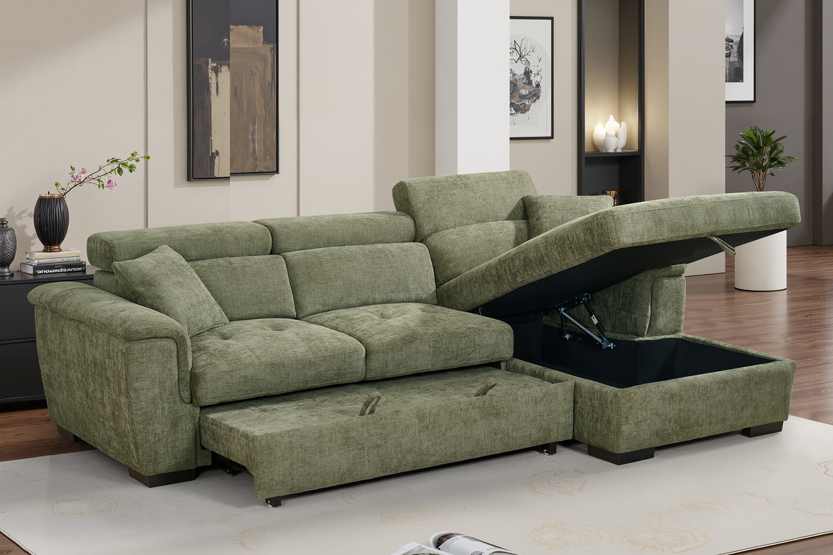 Green Chenille Fabric 2C1 Corner Sofabed with Storage WILSON