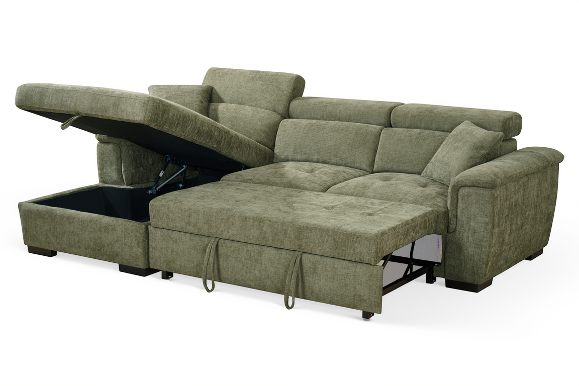 Green Chenille Fabric 1C2 Corner Sofabed with Storage WILSON