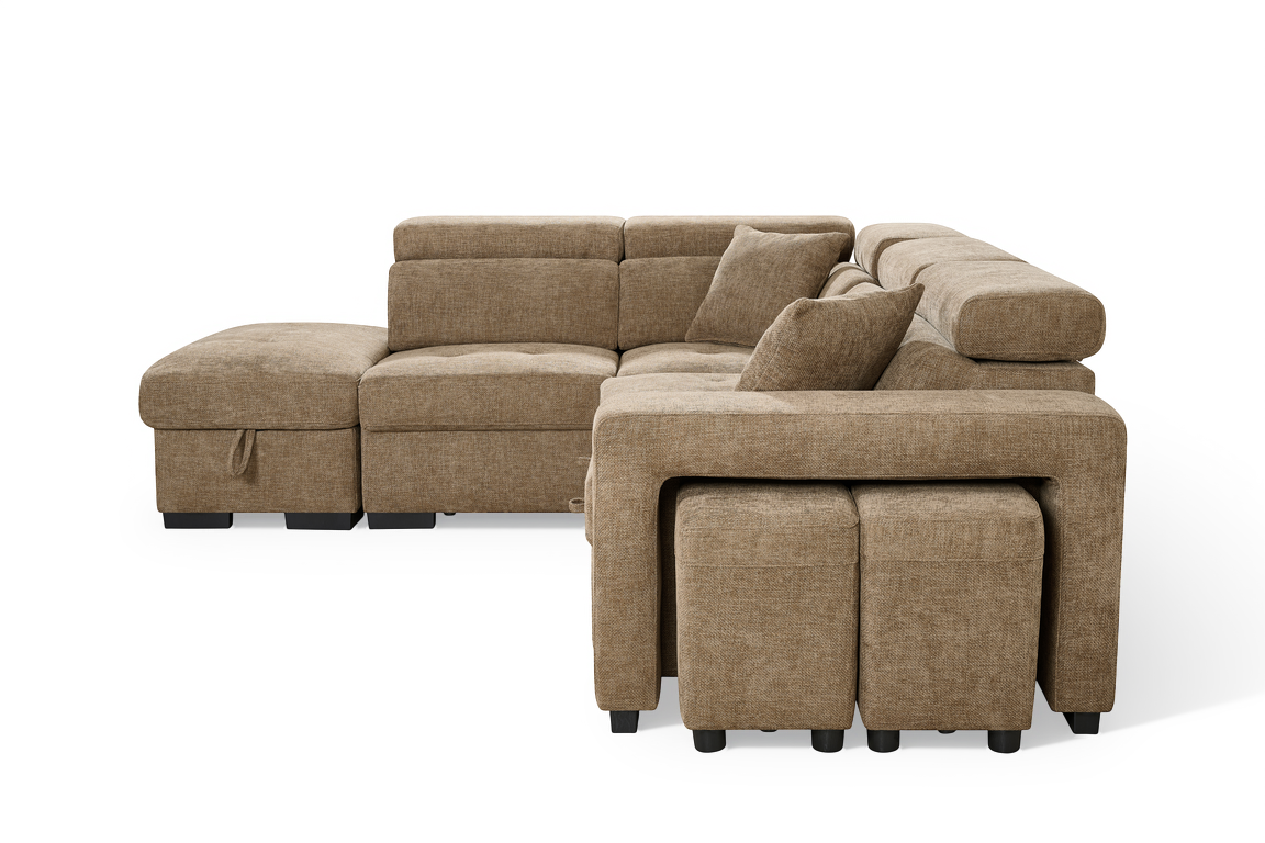 Chocolate Brown Chenille Fabric 1C2 Corner Sofabed with Storage and Ottomans AMELIA