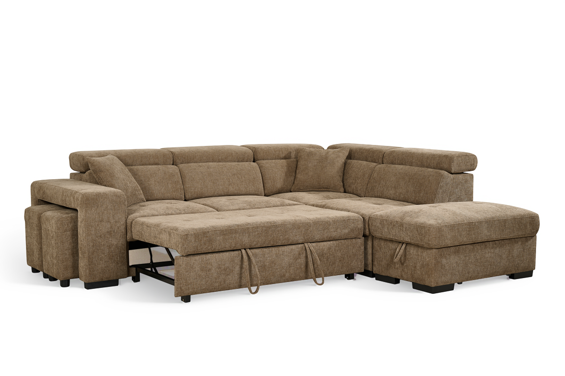 Chocolate Brown Chenille Fabric 2C1 Corner Sofabed with Storage and Ottomans AMELIA