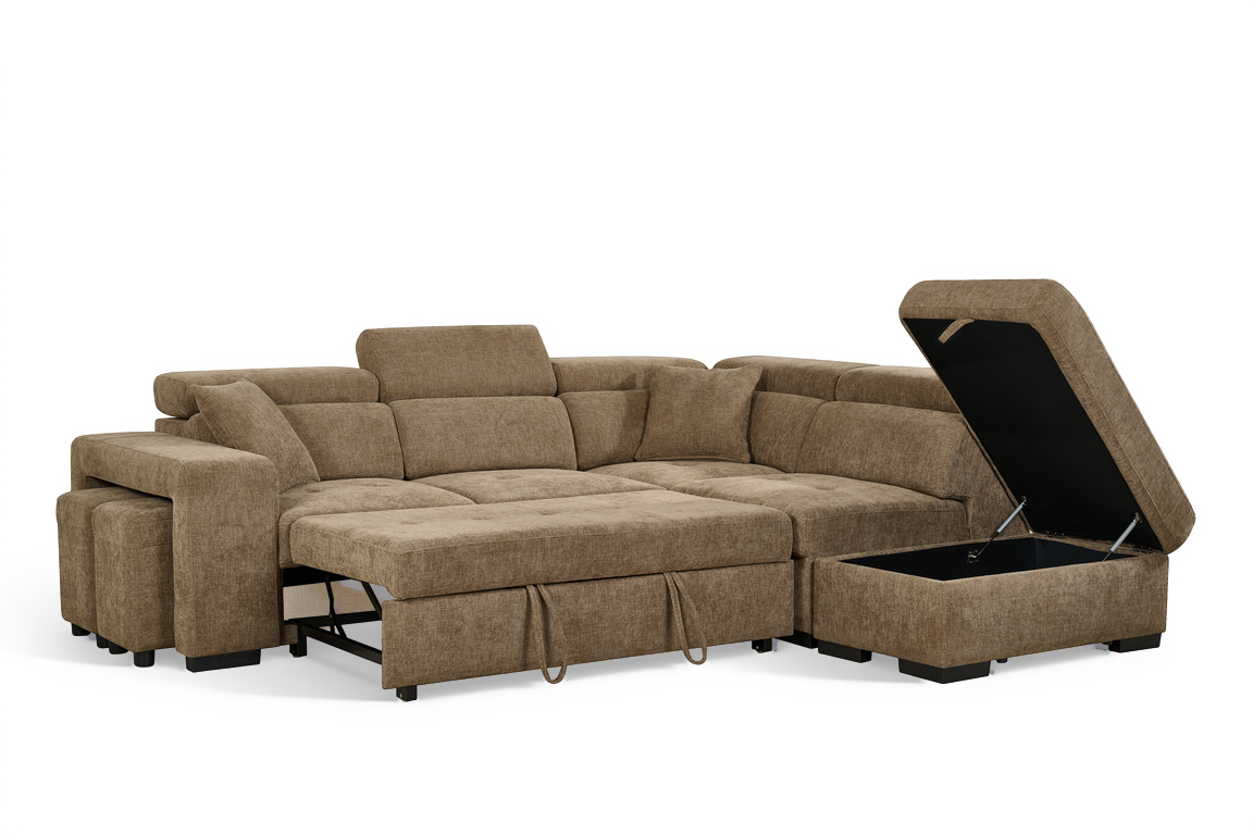 Chocolate Brown Chenille Fabric 2C1 Corner Sofabed with Storage and Ottomans AMELIA