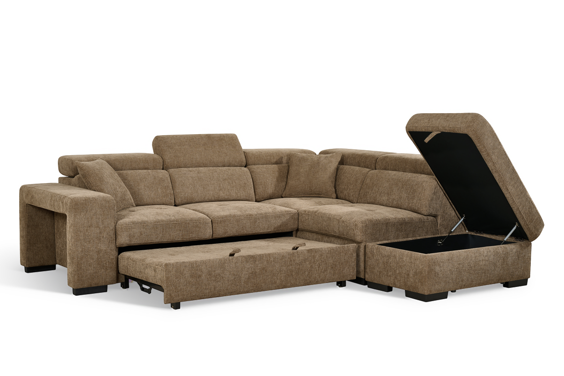Chocolate Brown Chenille Fabric 2C1 Corner Sofabed with Storage and Ottomans AMELIA