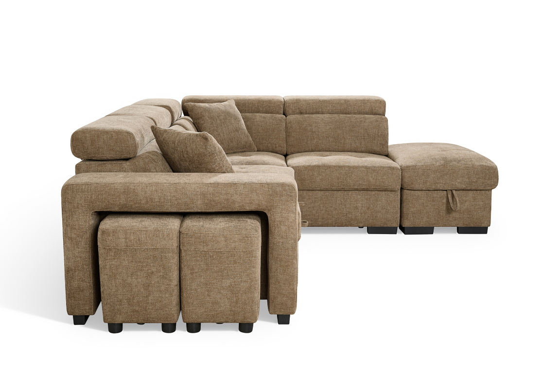 Chocolate Brown Chenille Fabric 2C1 Corner Sofabed with Storage and Ottomans AMELIA