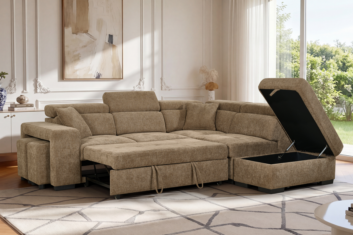 Chocolate Brown Chenille Fabric 2C1 Corner Sofabed with Storage and Ottomans AMELIA
