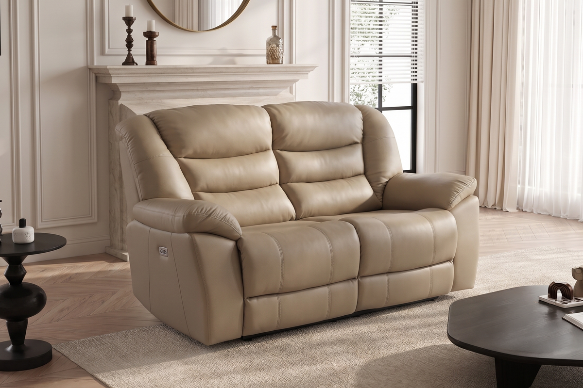 Giovanni beige leather 2-seater electric recliner sofa shown in a living room setting.