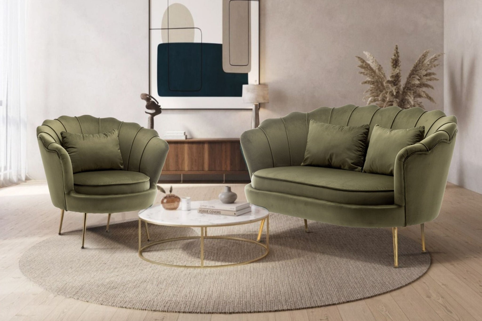Velvet Sage Green Seat Accent Loveseat Sofa Set DAISY