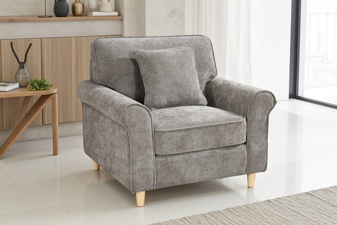 dark grey chenille one seater sofa in a living room