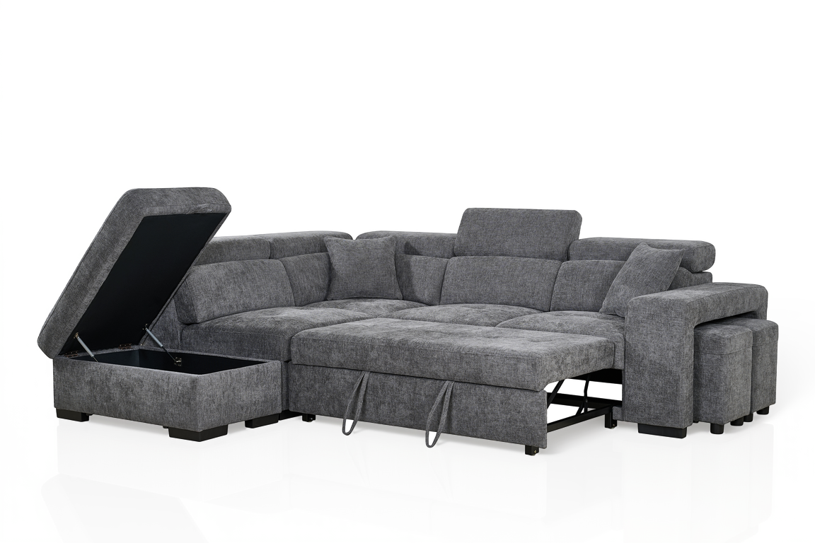 Dark Grey Chenille Fabric 1C2 Corner Sofabed with Storage and Ottomans AMELIA