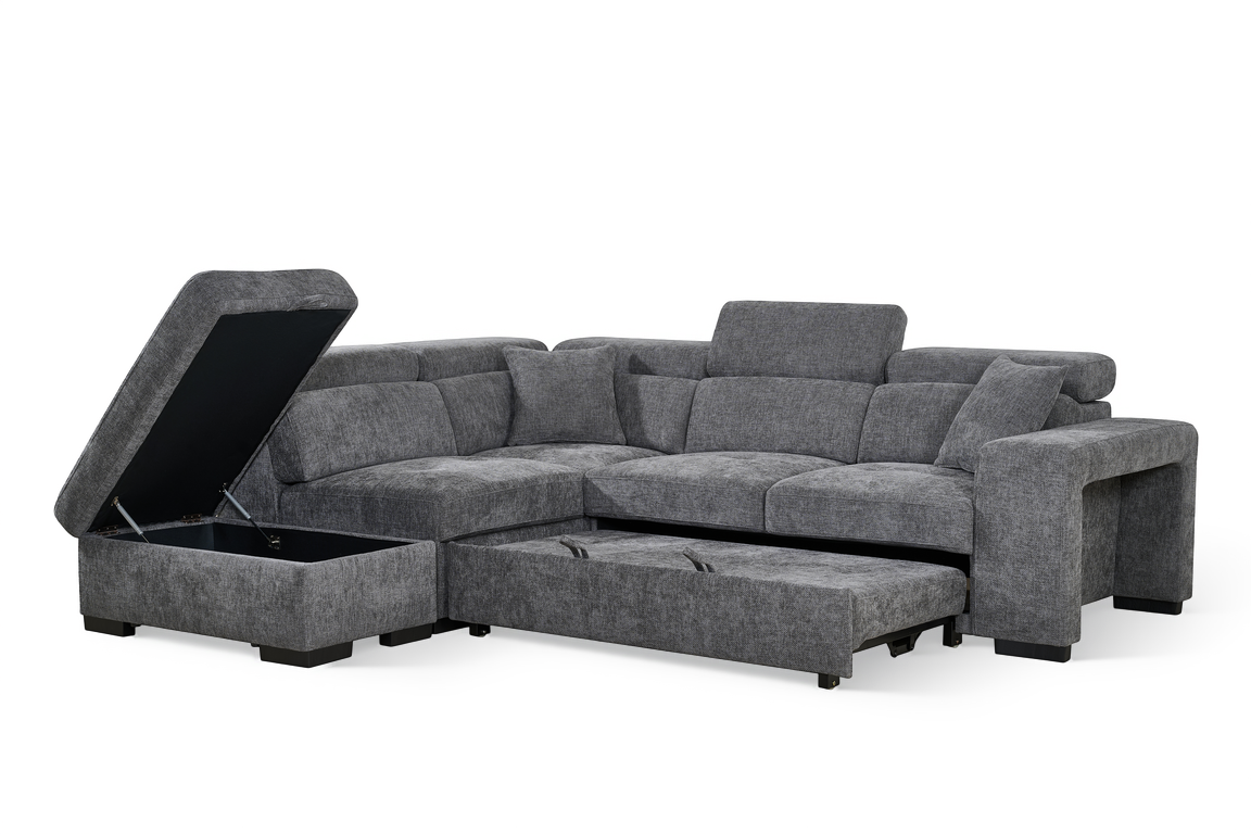 Dark Grey Chenille Fabric 1C2 Corner Sofabed with Storage and Ottomans AMELIA