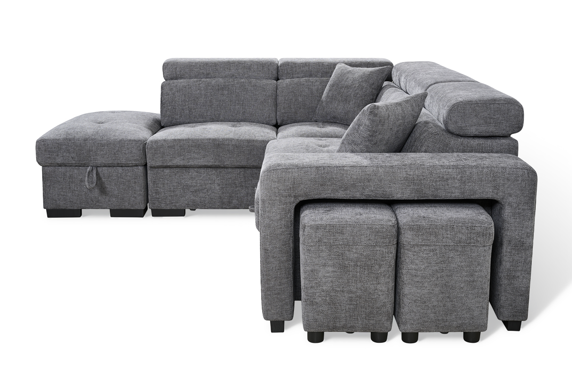 Dark Grey Chenille Fabric 1C2 Corner Sofabed with Storage and Ottomans AMELIA