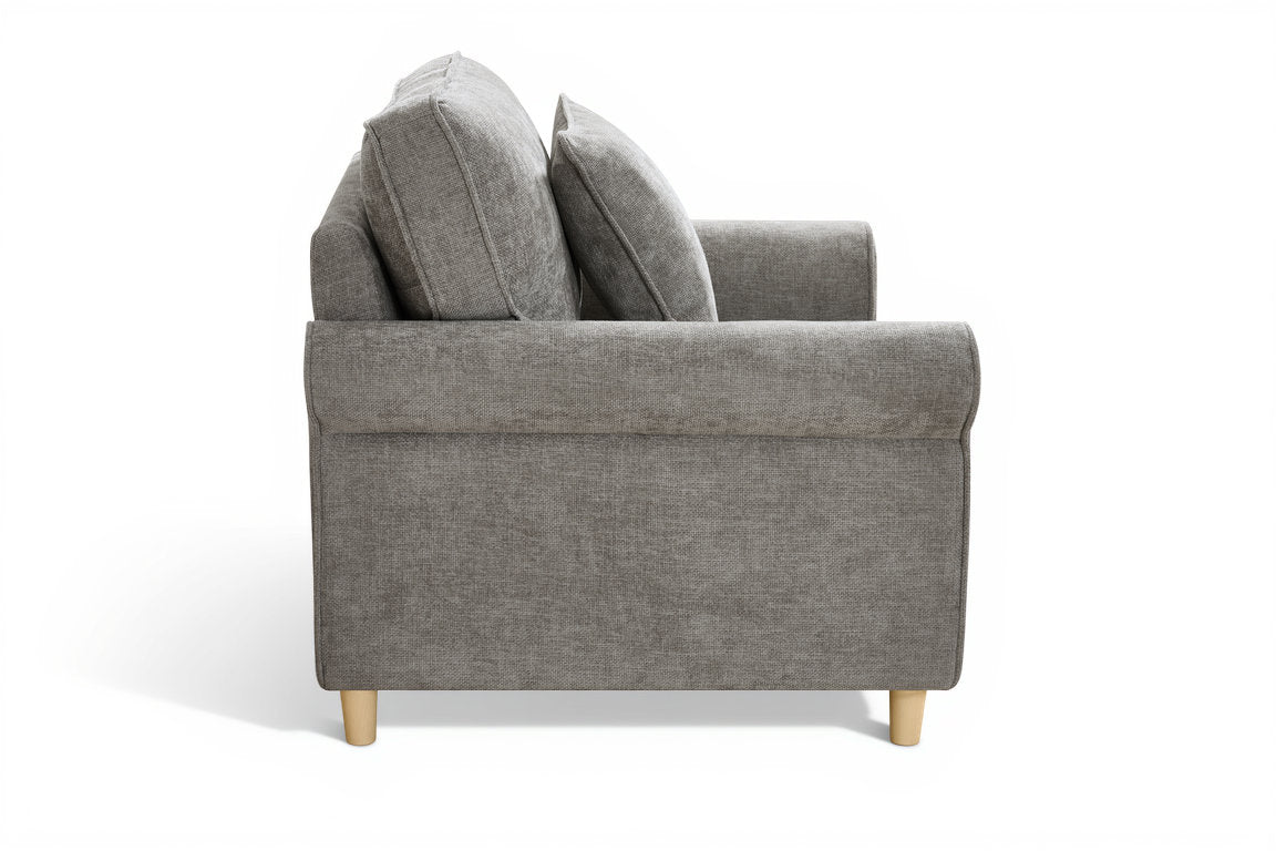 dark grey chenille fabric sofa with two accent cushions on a white background