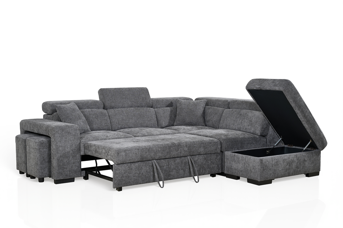 Dark Grey Chenille Fabric 2C1 Corner Sofabed with Storage and Ottomans AMELIA