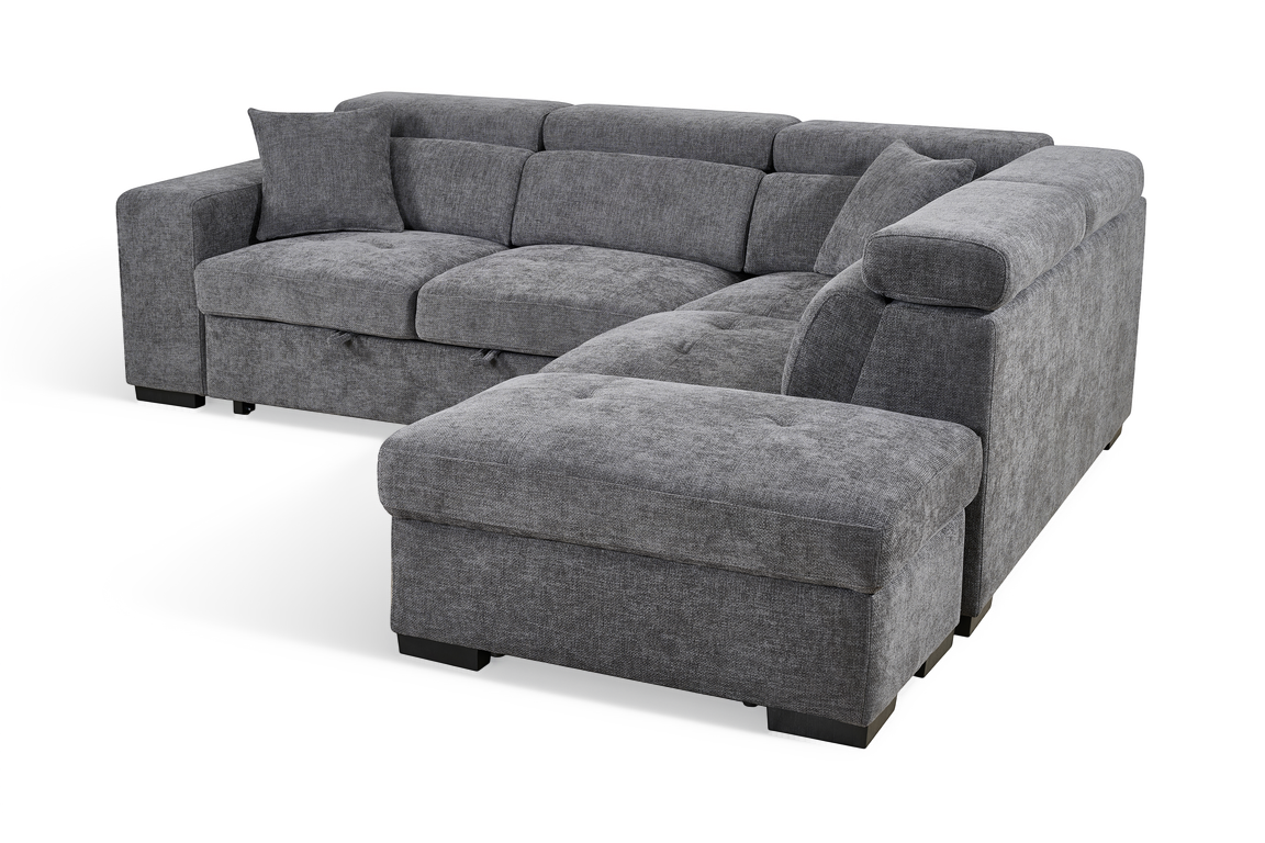 Dark Grey Chenille Fabric 2C1 Corner Sofabed with Storage and Ottomans AMELIA