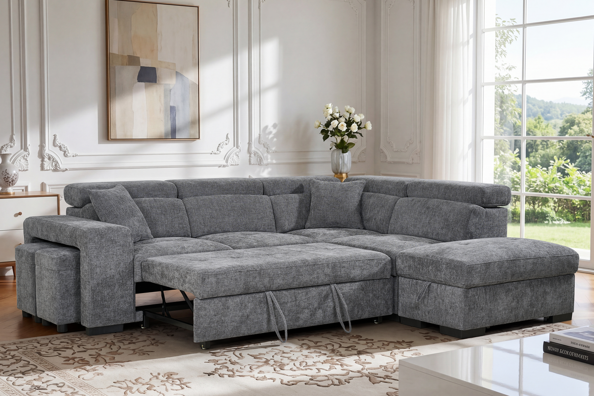 Dark Grey Chenille Fabric 2C1 Corner Sofabed with Storage and Ottomans AMELIA
