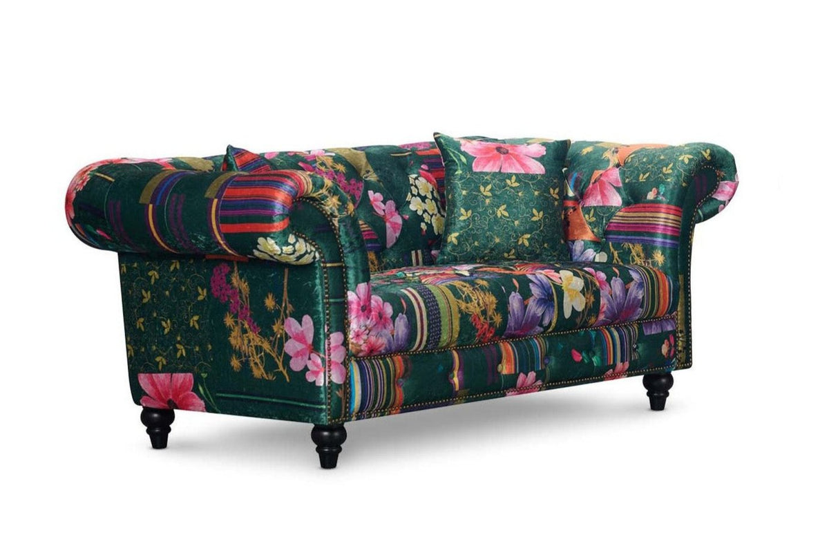 Fabric Green Patchwork 2 Seater Scroll Arm Chesterfield Portofino Sofa