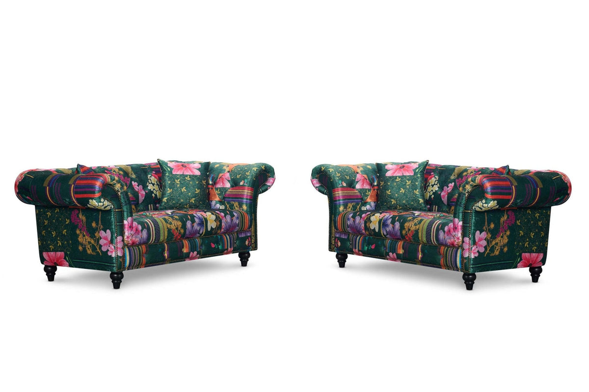 Fabric Green Patchwork 2+2 Seater Scroll Arm Chesterfield Portofino Sofa Set