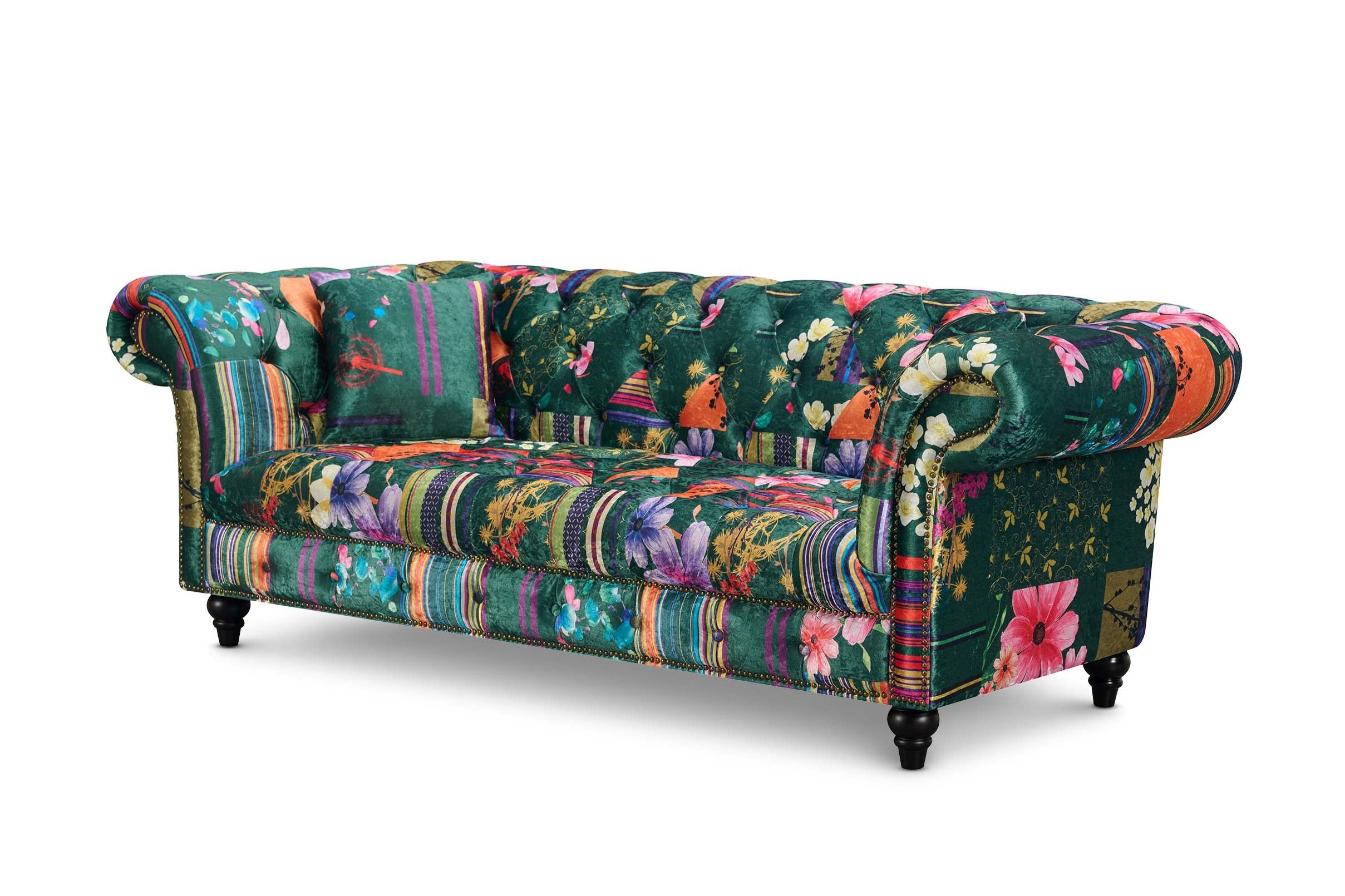 Home › Chesterfields › Fabric Green Patchwork 3 + 2 Seater Scroll Arm ...