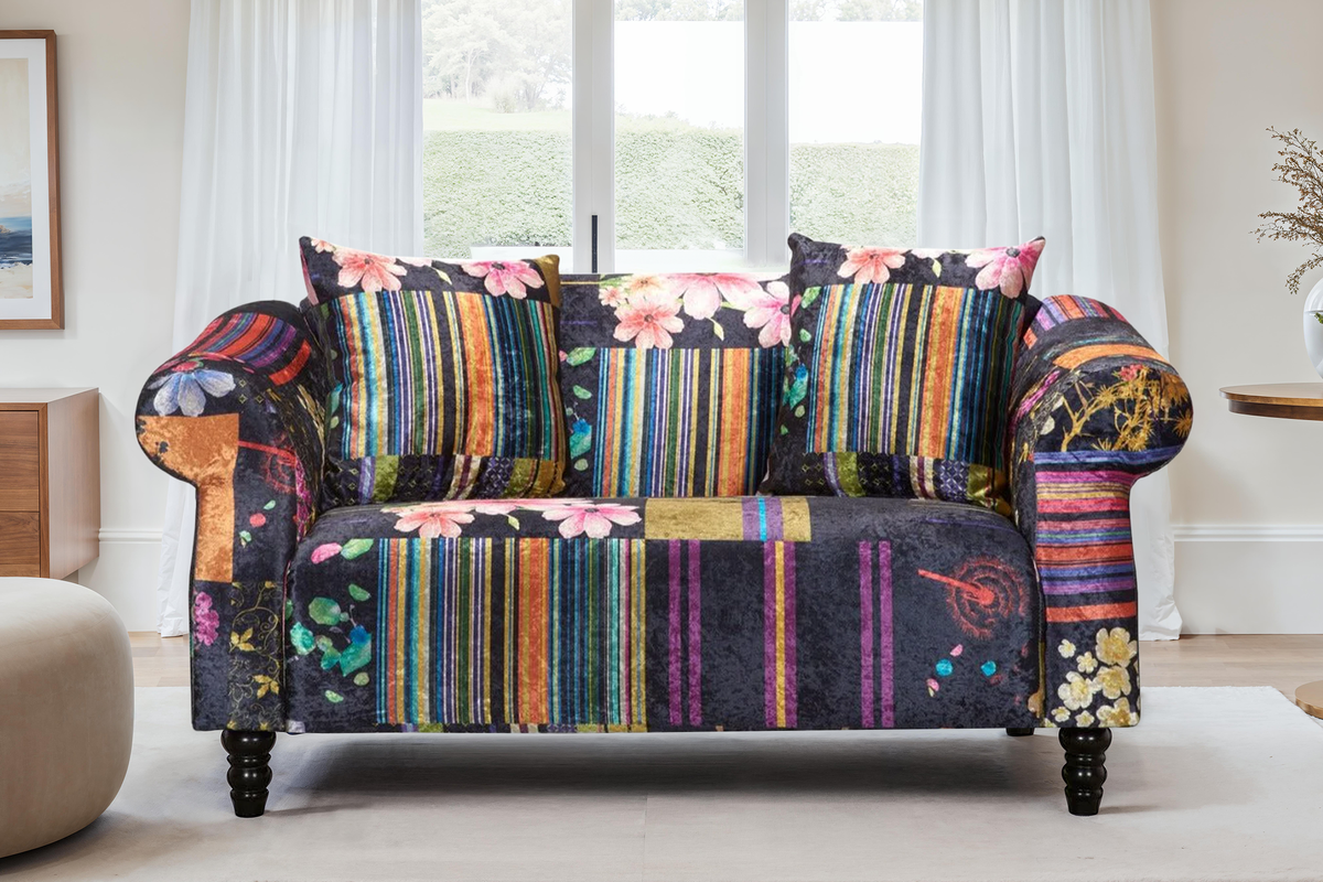 Fabric Black Patchwork 2 Seater Avici Shout Sofa Background