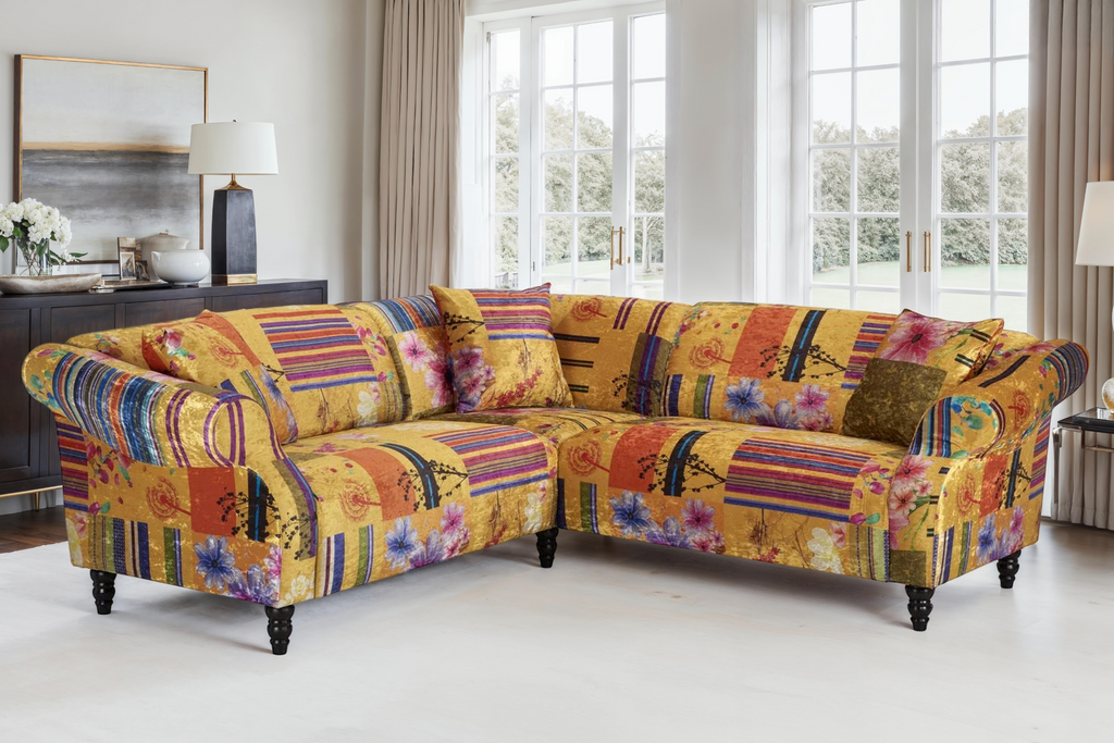 Fabric Gold Patchwork 2c2 Seater Avici Shout Corner Sofa Background