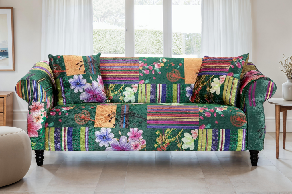 Pattern Sofa Fabric Green Patchwork 3 Seater Avici Shout Sofa Background