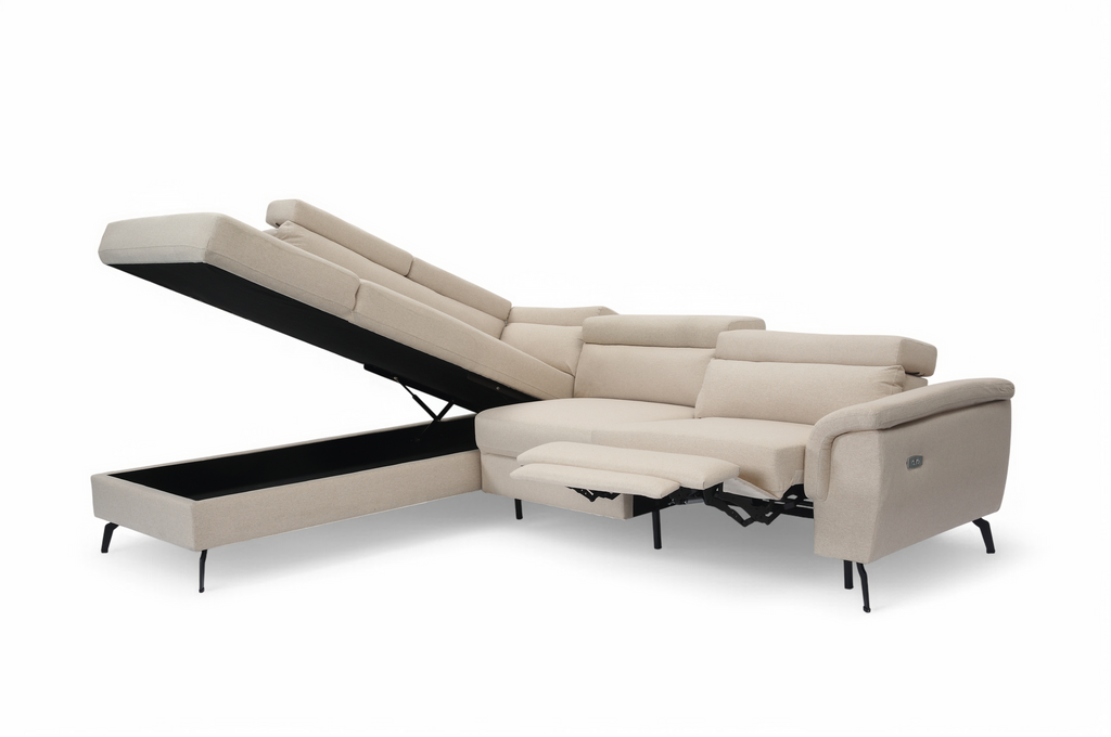 Fabric Linen Beige Left Hand Facing Reclining Corner Sofa with Storage VITTORIO Open Storage