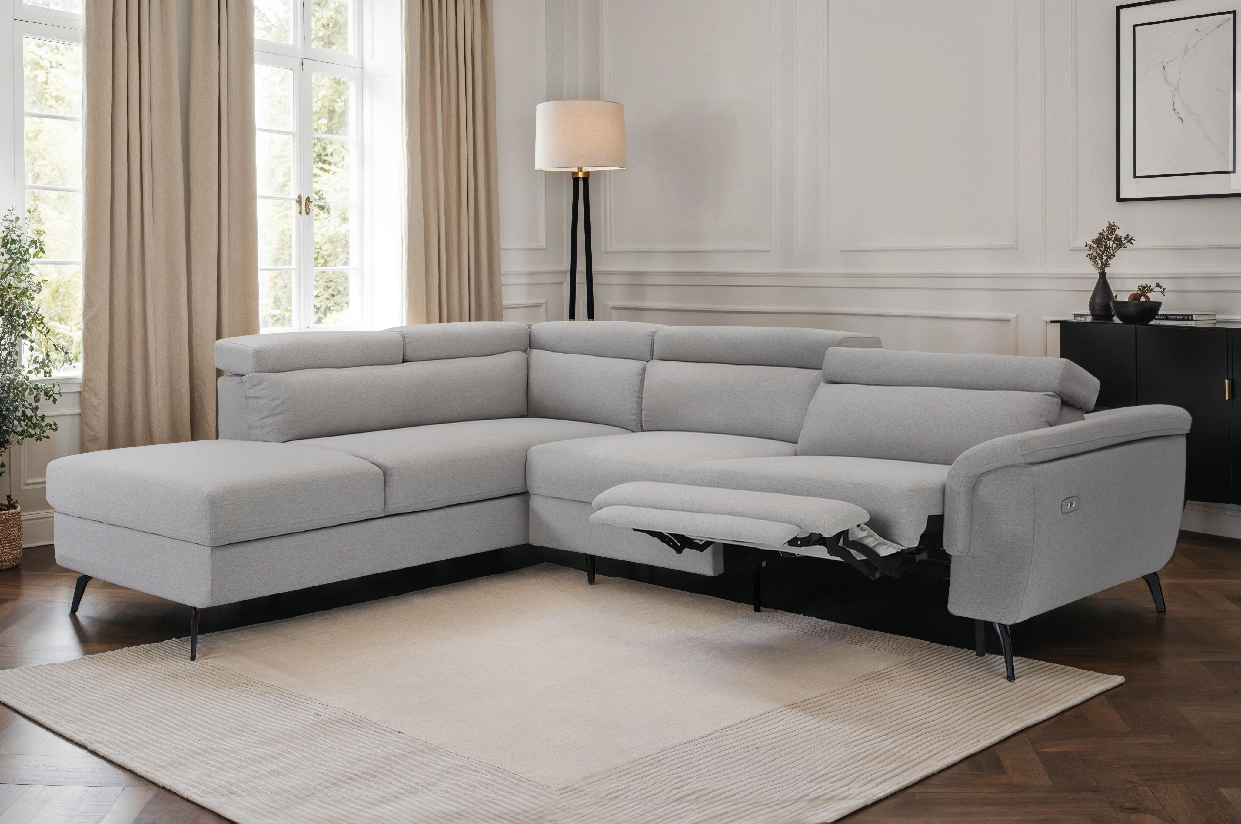 Fabric Linen Light Grey Left Hand Facing Electric Reclining Corner Sofa with Storage VITTORIO
