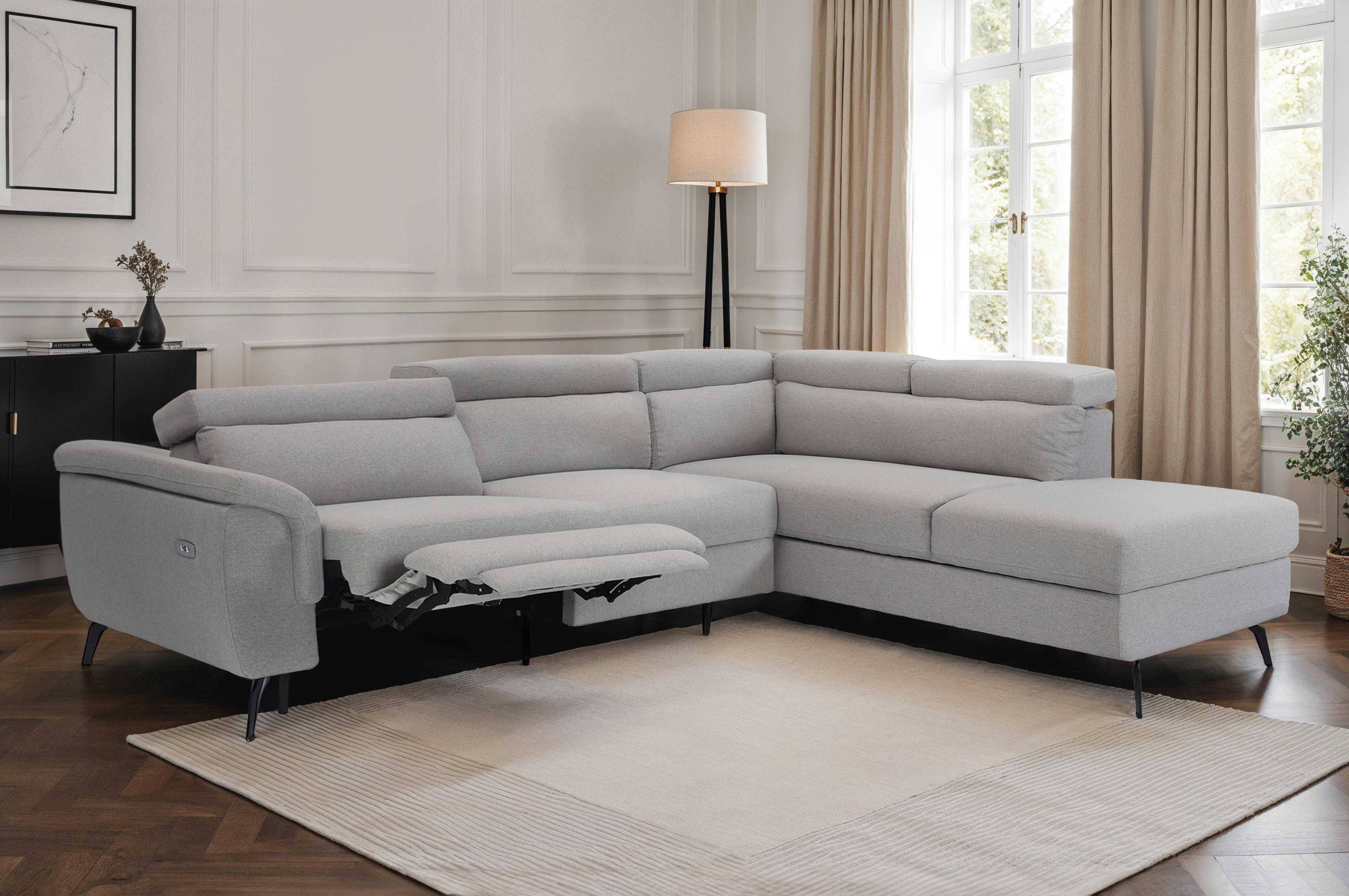 Fabric Linen Light Grey Right Hand Facing Electric Reclining Corner Sofa with Storage VITTORIO
