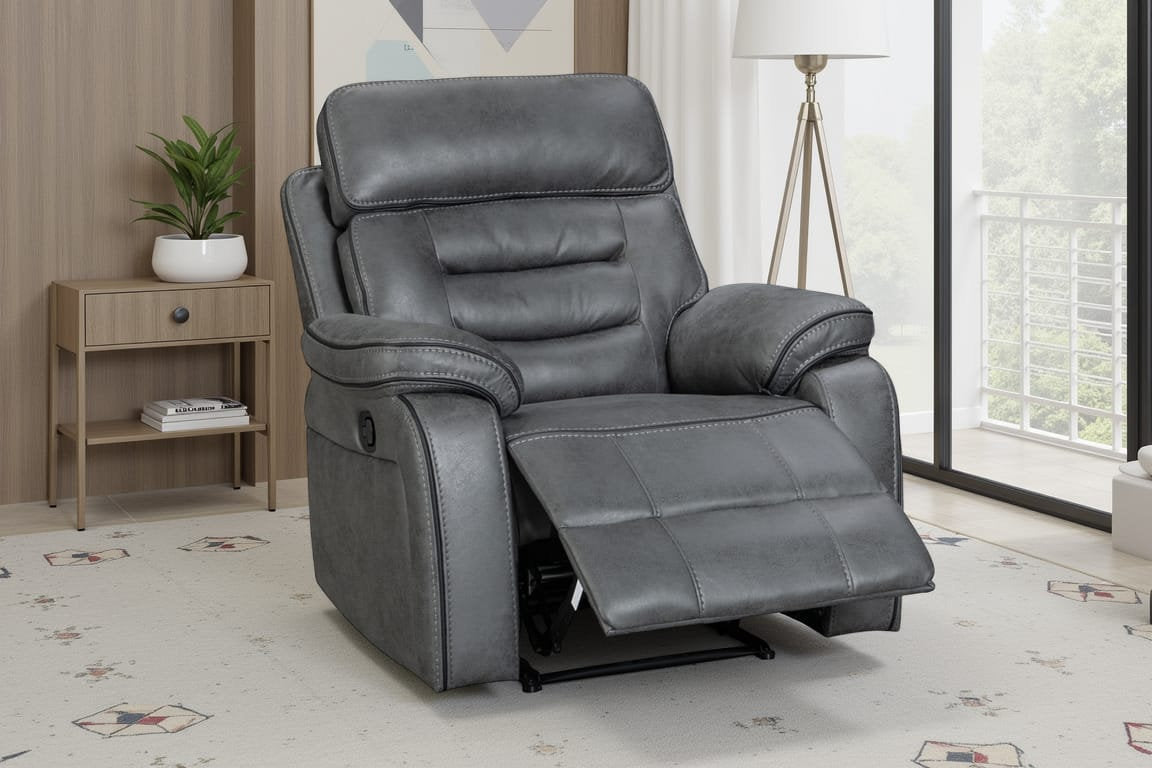 manual grey recliner chair upholstered in faux leather
