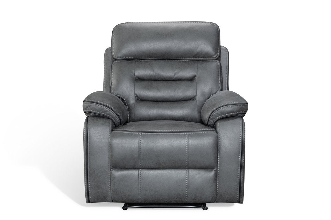 manual grey recliner chair upholstered in faux leather