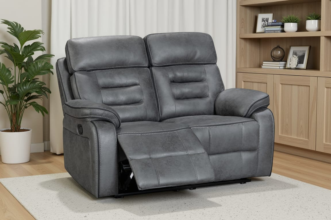 grey faux leather recliner 2 seater sofa in a living room