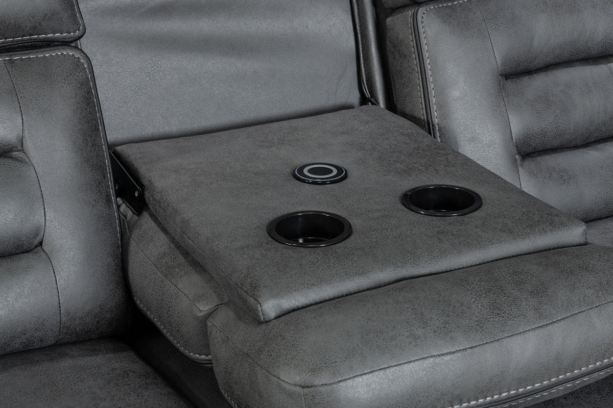 faux leather grey 3 seater electric recliner sofa's dropdown console with cupholders
