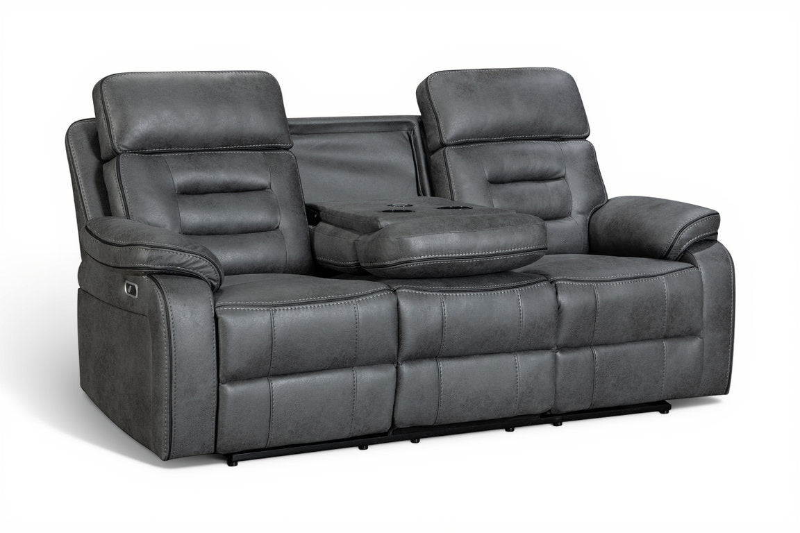 faux leather grey 3 seater electric recliner sofa with a dropdown console and cupholders on a white background