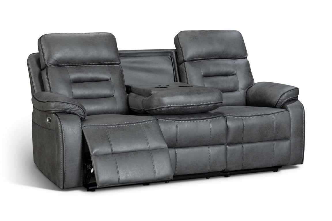 faux leather grey 3 seater electric recliner sofa with a dropdown console and cupholders on a white background