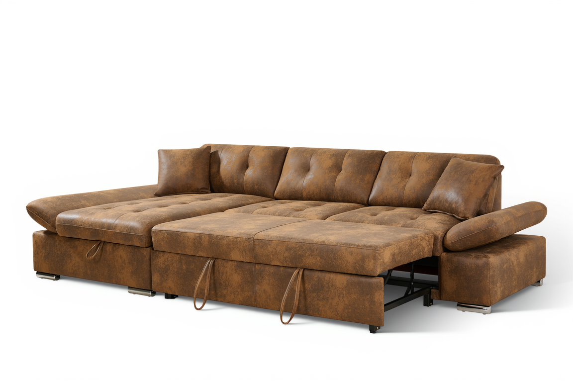 Faux Leather Suede Brown 1C2 Corner Sofabed with Storage HARRY