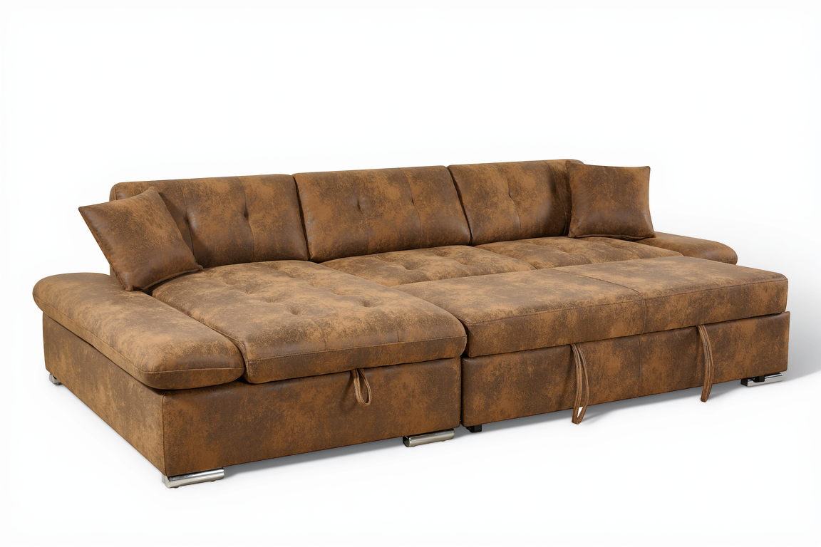 Faux Leather Suede Brown 1C2 Corner Sofabed with Storage HARRY