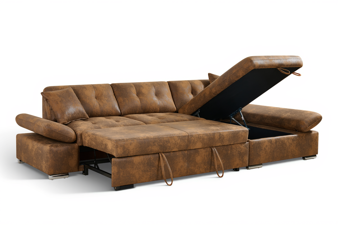 Faux Leather Suede Brown 2C1 Corner Sofabed with Storage HARRY