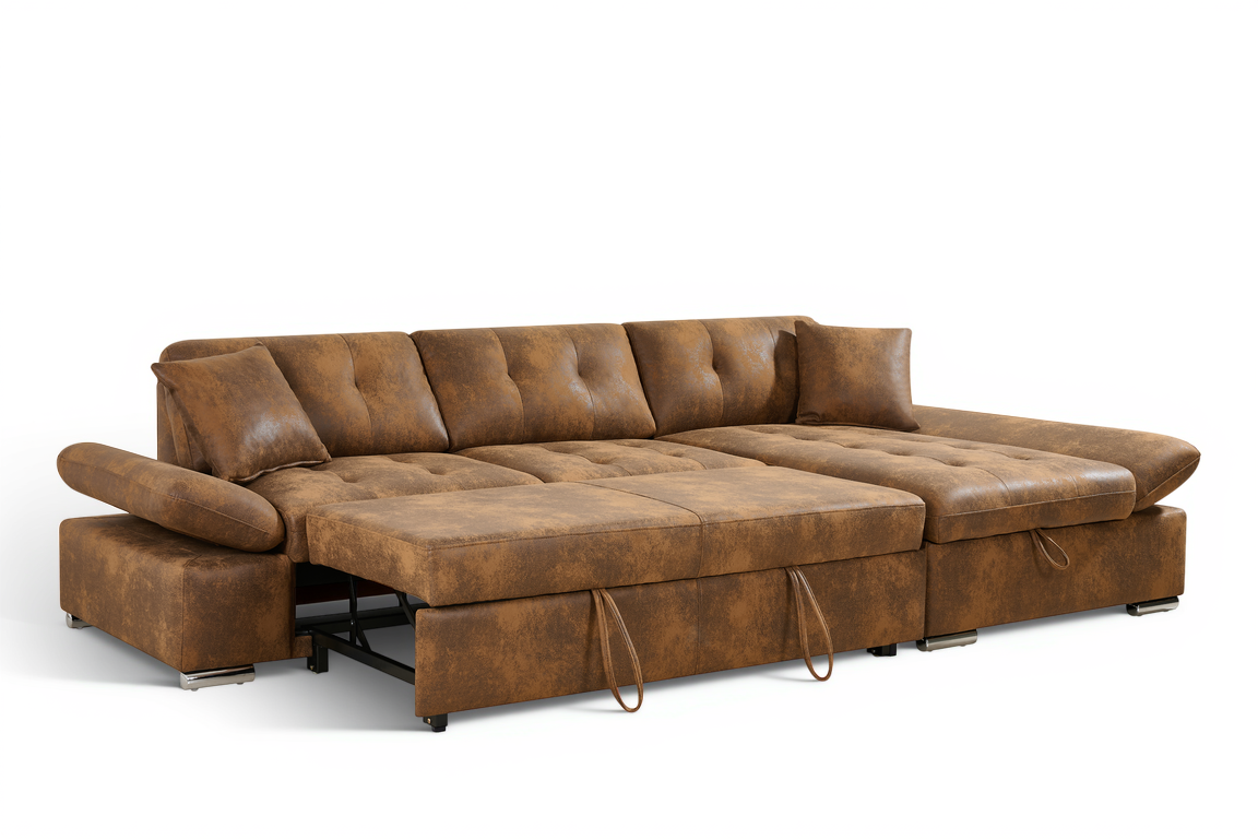 Faux Leather Suede Brown 2C1 Corner Sofabed with Storage HARRY