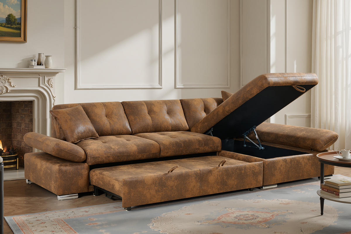 Faux Leather Suede Brown 2C1 Corner Sofabed with Storage HARRY