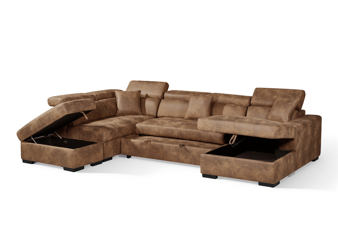 Faux Leather Suede Brown Left Hand Facing U-Shaped Sofa Bed with Storage AUGUSTA