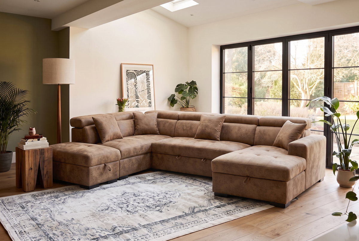Faux Leather Suede Brown Left Hand Facing U-Shaped Sofa Bed with Storage AUGUSTA