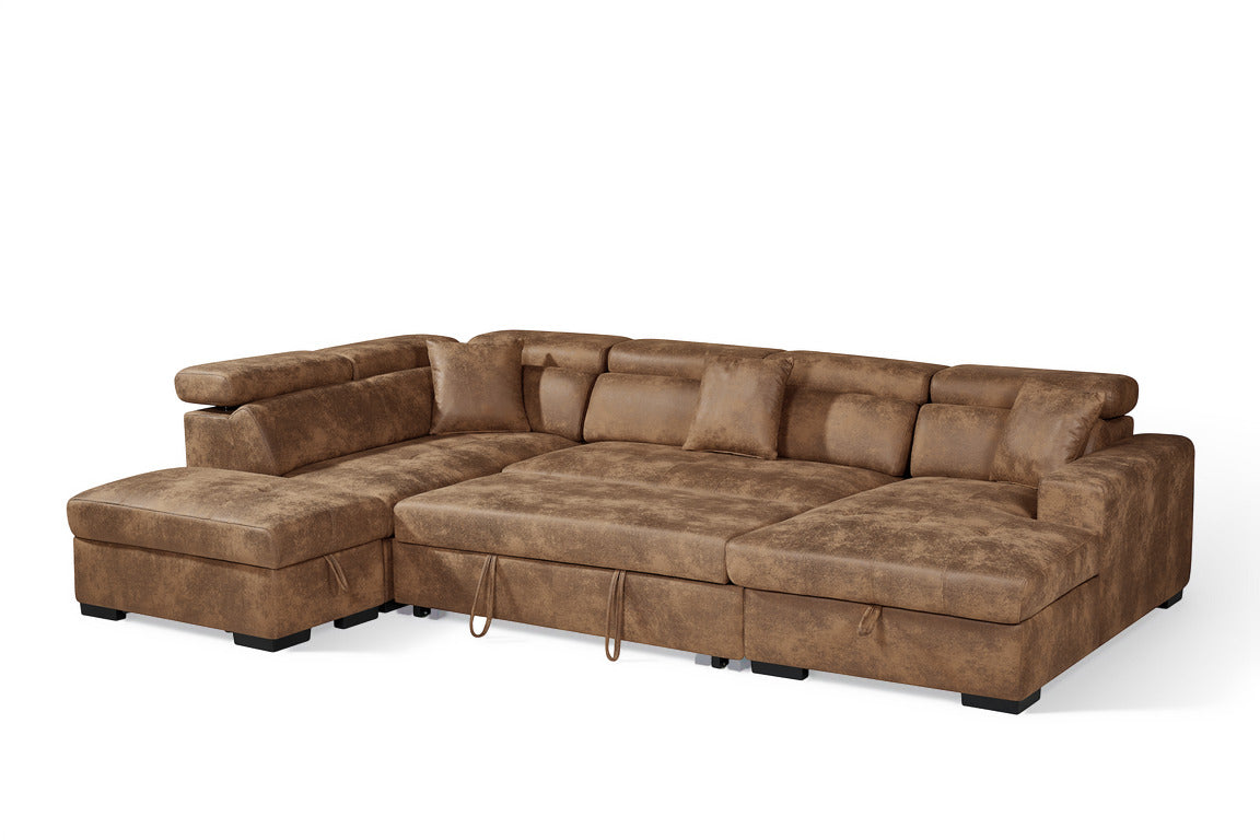Faux Leather Suede Brown Left Hand Facing U-Shaped Sofa Bed with Storage AUGUSTA