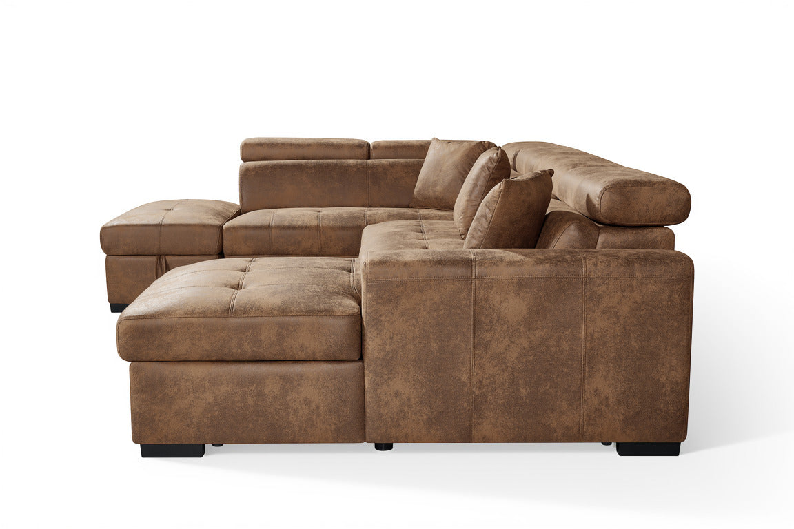 Faux Leather Suede Brown Left Hand Facing U-Shaped Sofa Bed with Storage AUGUSTA