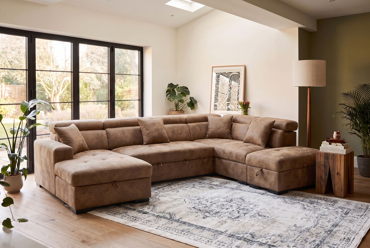 Faux Leather Suede Brown Right Hand Facing U-Shaped Sofa Bed with Storage AUGUSTA