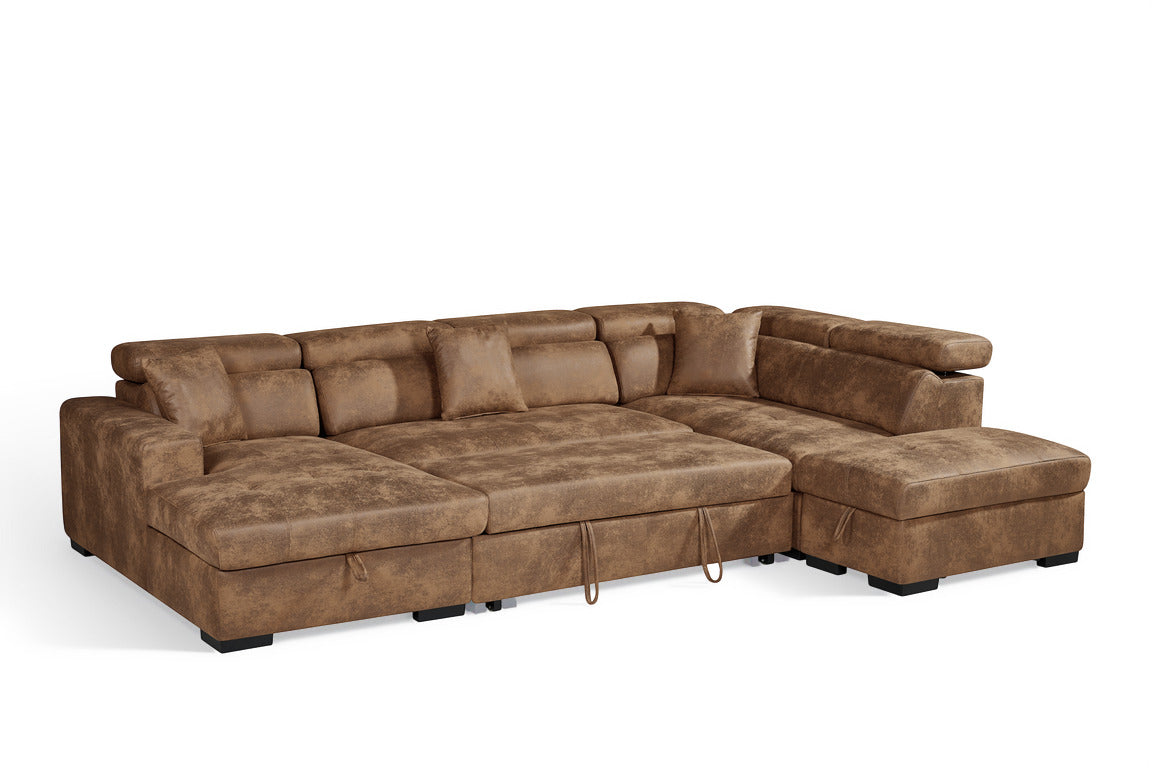 Faux Leather Suede Brown Right Hand Facing U-Shaped Sofa Bed with Storage AUGUSTA