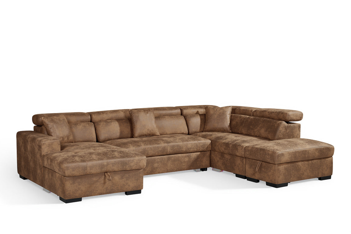 Faux Leather Suede Brown Right Hand Facing U-Shaped Sofa Bed with Storage AUGUSTA