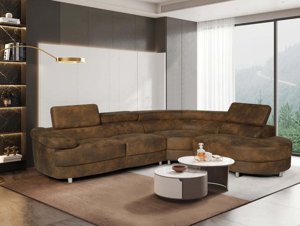 Faux Leather Suede Brown Vasto Right Hand Facing Corner Sofa with Ottoman