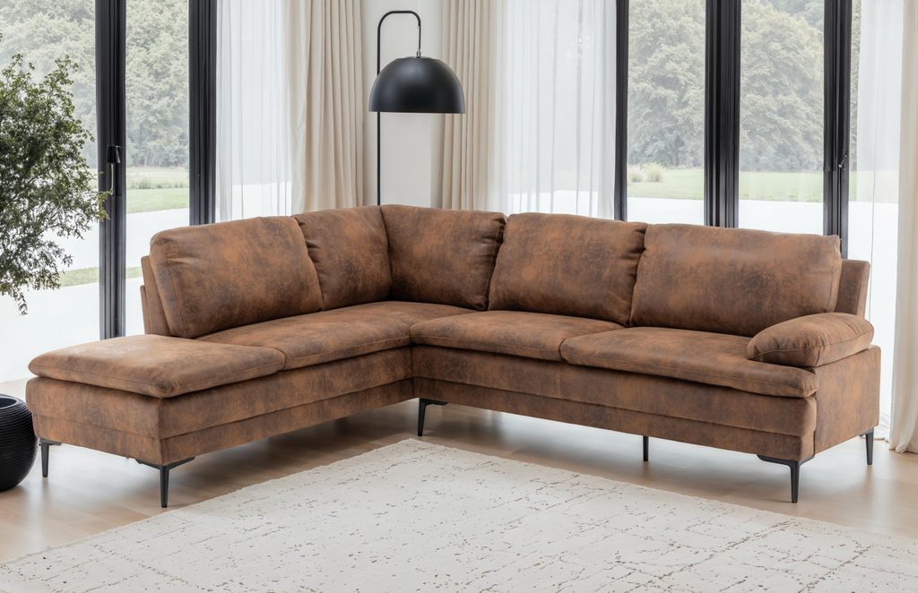 Faux Leather Suede Brown Left Hand Facing Corner Sofa Fusina Background