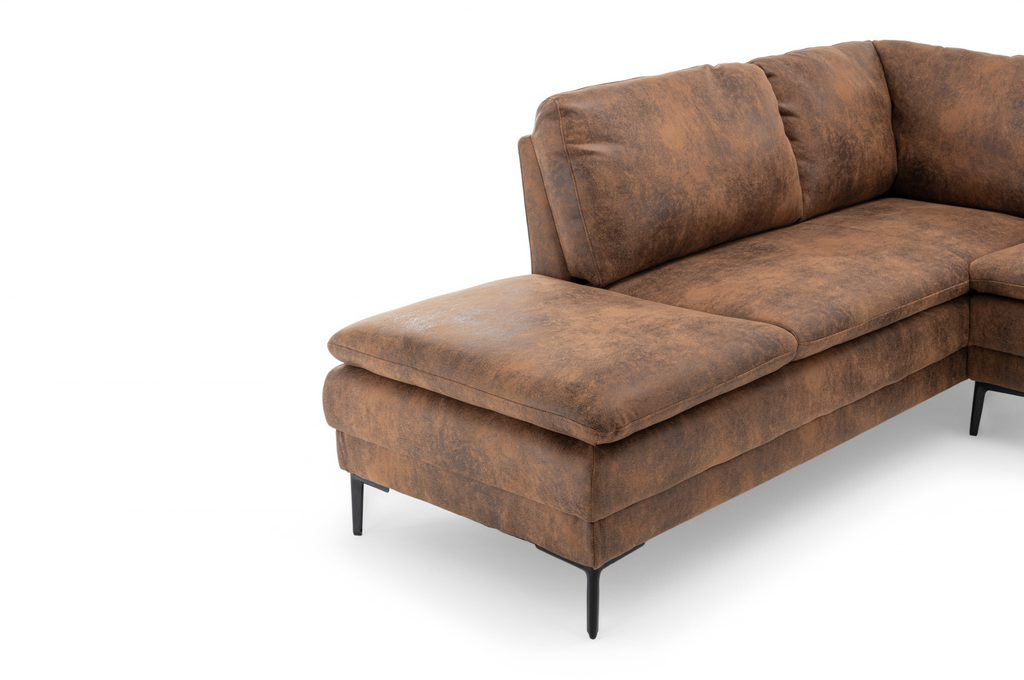 Faux Leather Suede Brown Left Hand Facing Corner Sofa Fusina Closeup 2